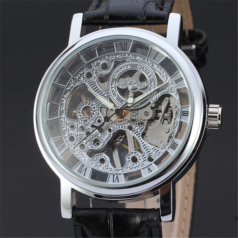 Brand Winner Casual Rvs Mannen Mechanische Horloge Skeleton Hand Wind Horloge Voor Mannen Dress Horloge: Silver