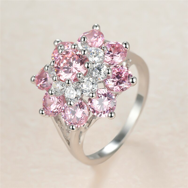 Charme Silber Farbe Große Hochzeit Ring zierlich Nette Blume Zirkon Engagement Ring Jahrgang Weibliche Rosa Kristall Stein Ringe Für Frauen