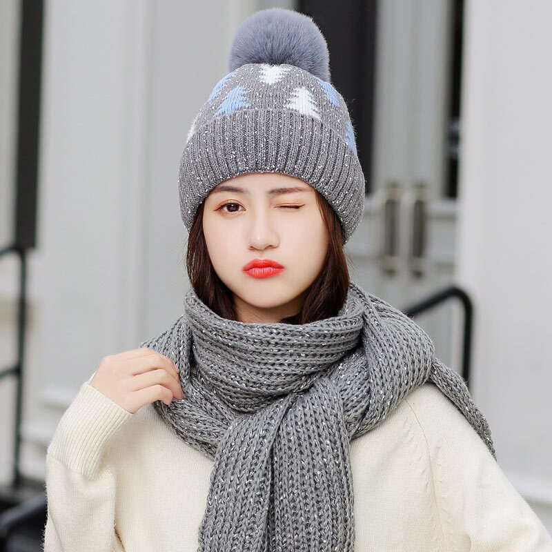 Dames winter sjaal muts set dames gebreide warme dikke roze mutsen mutsen met pompon dames effen kerstboom lange sjaals rood: Grijs