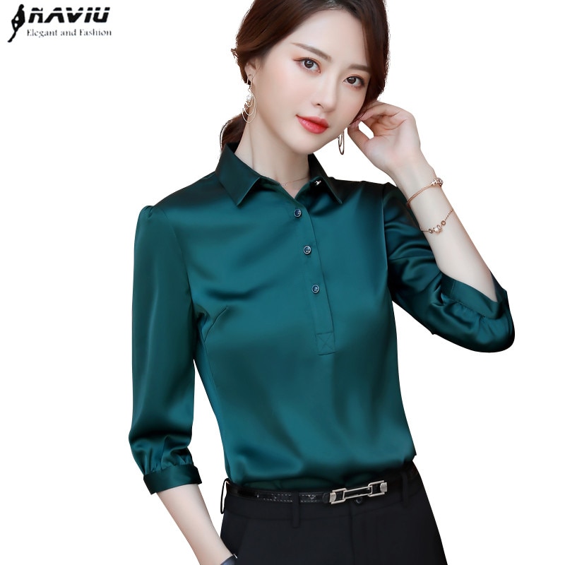 Naviu satin skjorte kvinder toppe og bluser kontor dame stil formel skjorte plus size arbejdstøj