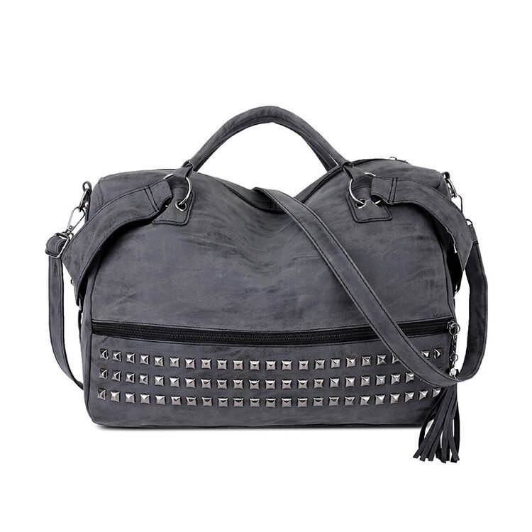 SGARR Nubuck PU cuir femmes sacs à main dames grande capacité gland sac à bandoulière décontracté Vintage Rivet femelle fourre-tout sacs: dark grey