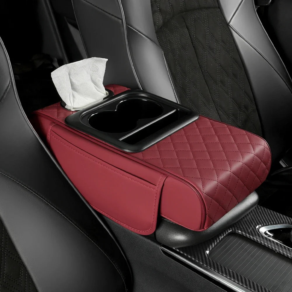 Multifunctional Car armrest pad Center Console Placement/tissue/cup/cell phone/foam armrest universal leather Leather cover: Red