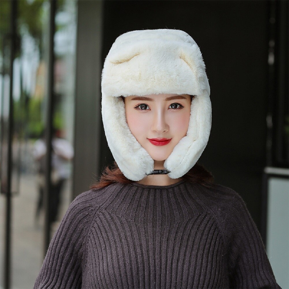Women Faux Fur Trapper Hat Russian Ushanka Cossack Ski Earflaps Aviator Cap Winter Warm Velvet Bomber Hat 5 Colors: White