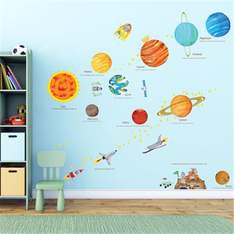Cartoon Solar System Wall Stickers For Kids Rooms Home Decor Outer Space Planets Wall Decals Boy Baby Room Decorative Stickers