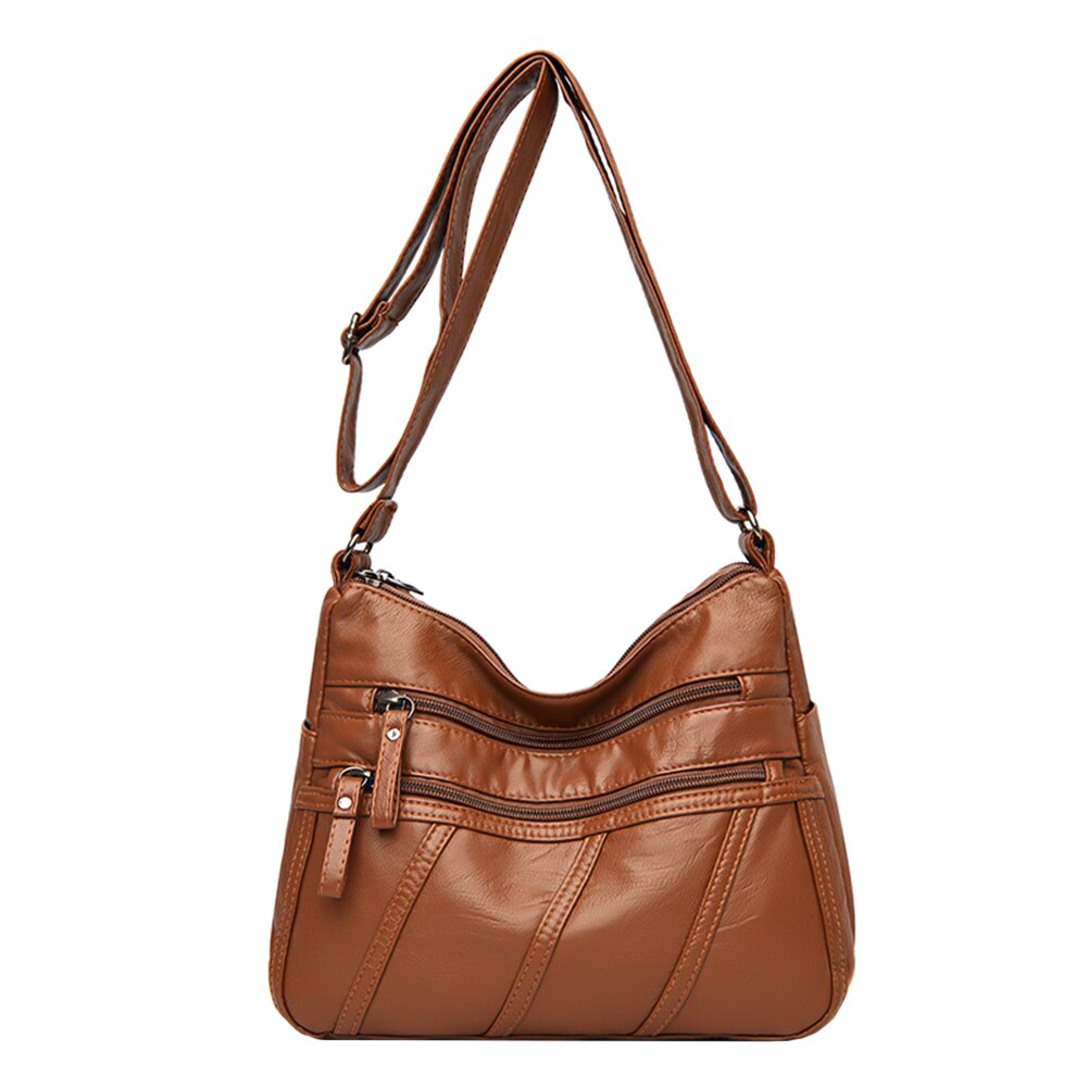 Solid Crossbody Bag Casual Women PU Shopping Street Shoulder Bags Large Capacity Multi-zipper Mother Top-handle Handbags: Brown D