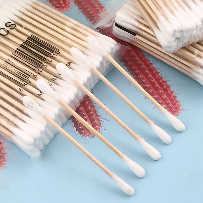 200 Uds. Hisopos de algodón y madera biodegradables de doble punta de madera de algodón para maquillaje seguro conveniente
