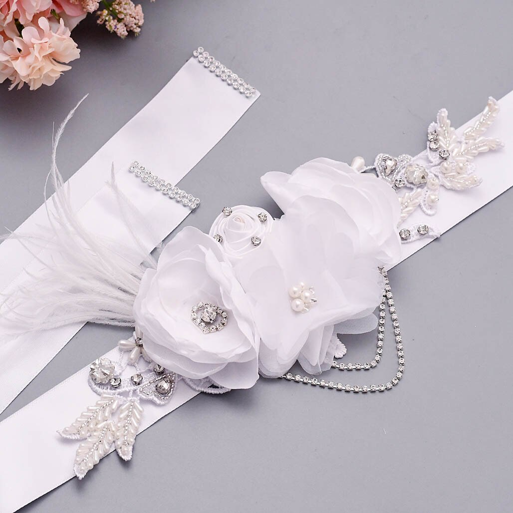 Cinturón de lujo con flores y plumas grandes para mujer, fajín de señora para de boda con diamantes de imitación y cinturón para chica de cristales, S478