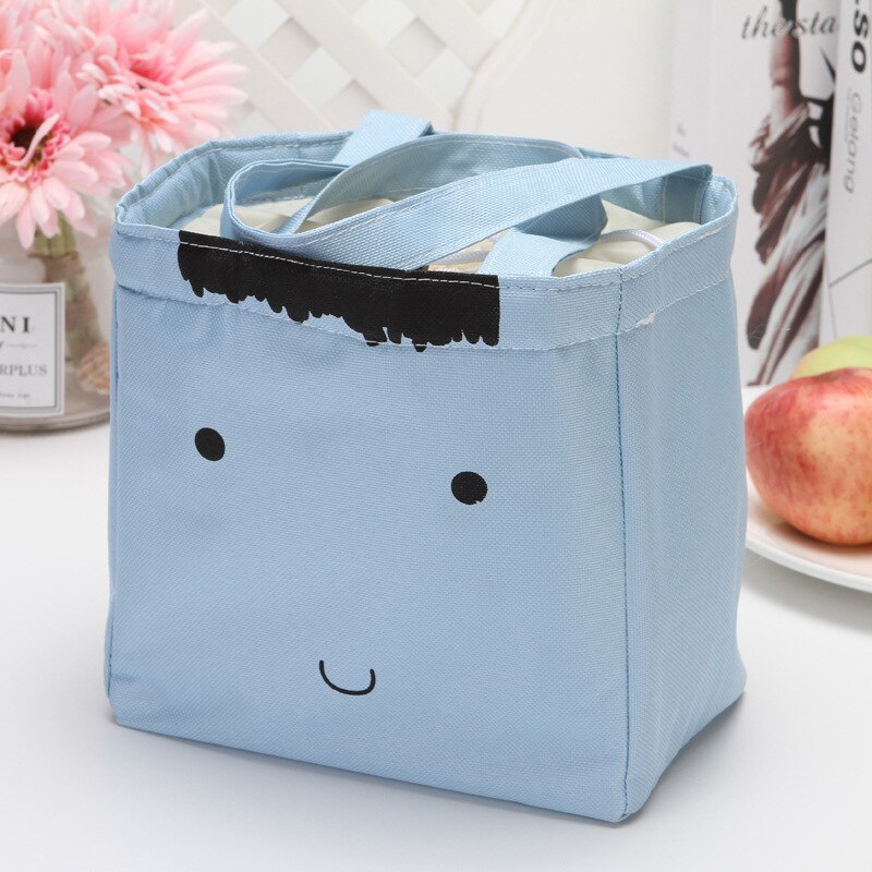 Portable Canvas Cold Proof Lunch Bag Student Cartoon Cute Aluminum Film Lunch Box: Blue smile