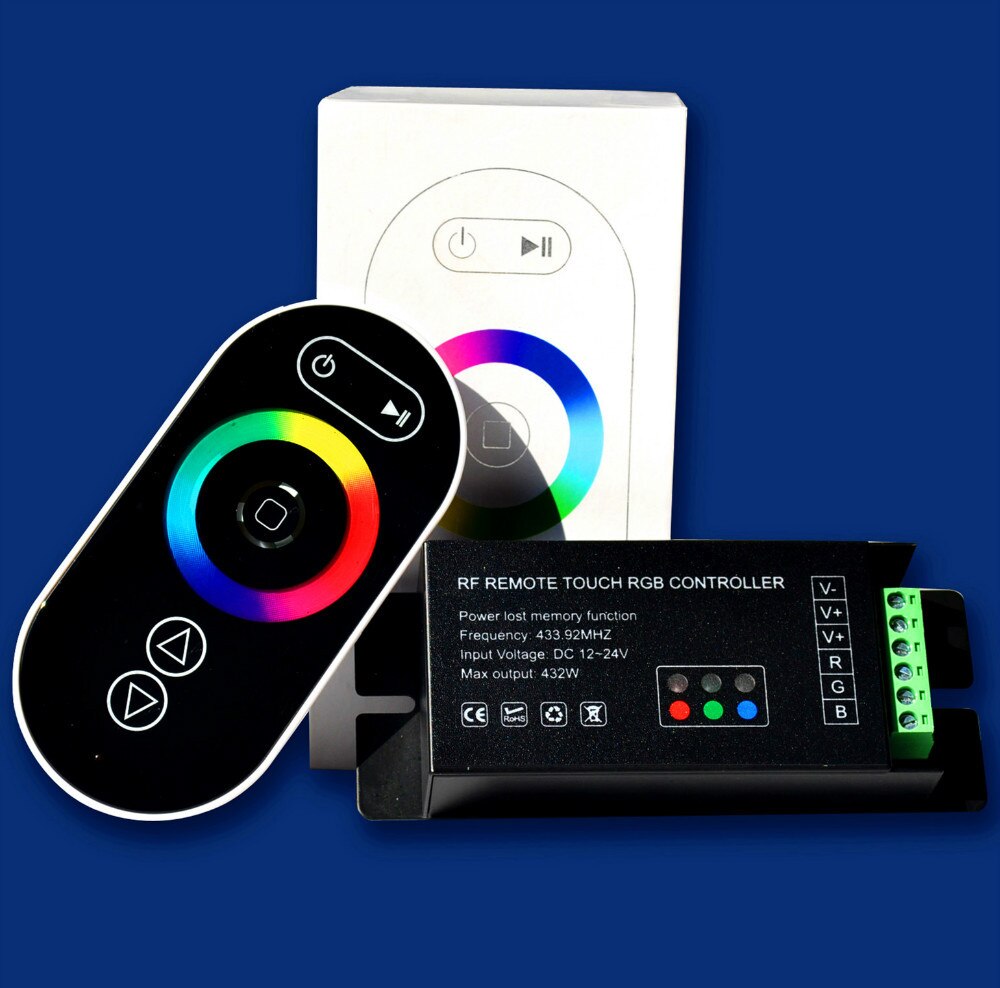 ! RGB LED controller with black RF touch remote;DC12-24V input;6A*3CH output