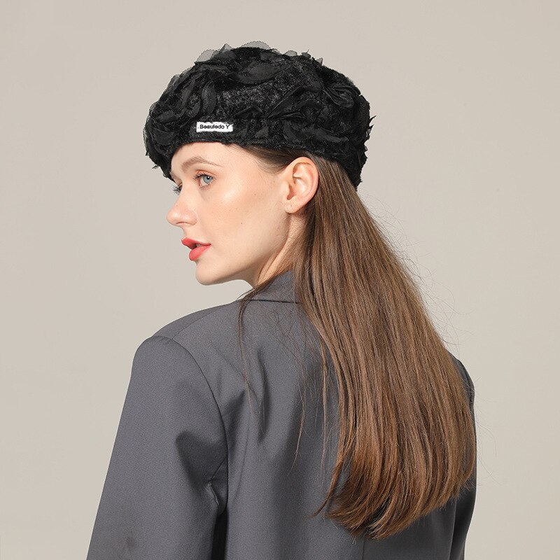 Boina de pelo de conejo para mujer, gorro de pintor negro, informal, para boda, Otoño e Invierno