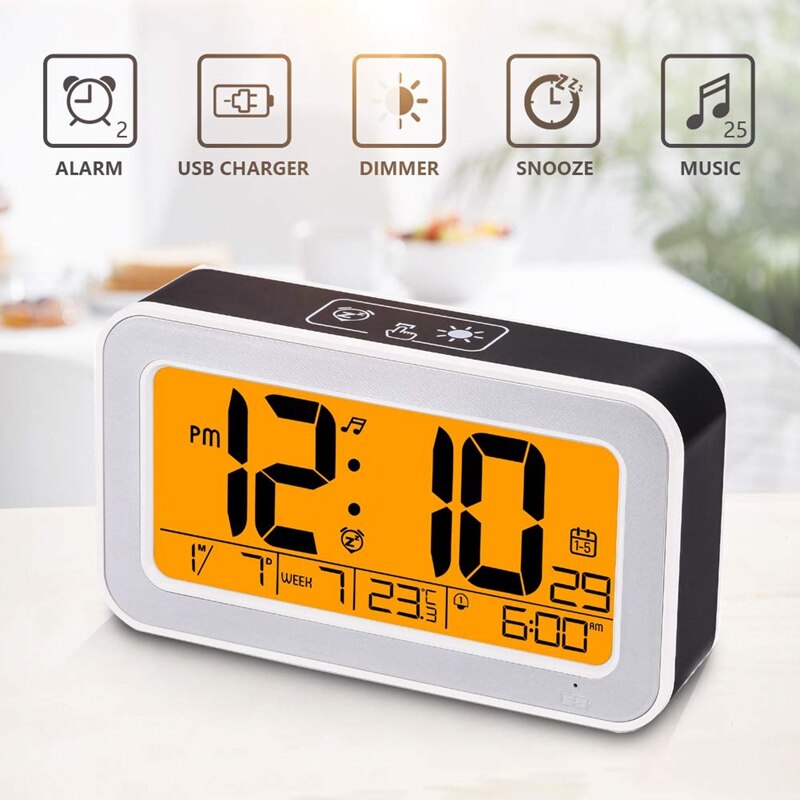Music Alarm Clock, Digital Clock for Bedroom with Dimmer, Snooze,USB Rechargeable Clock with Dual Alarm, Smart Press Backlight,A
