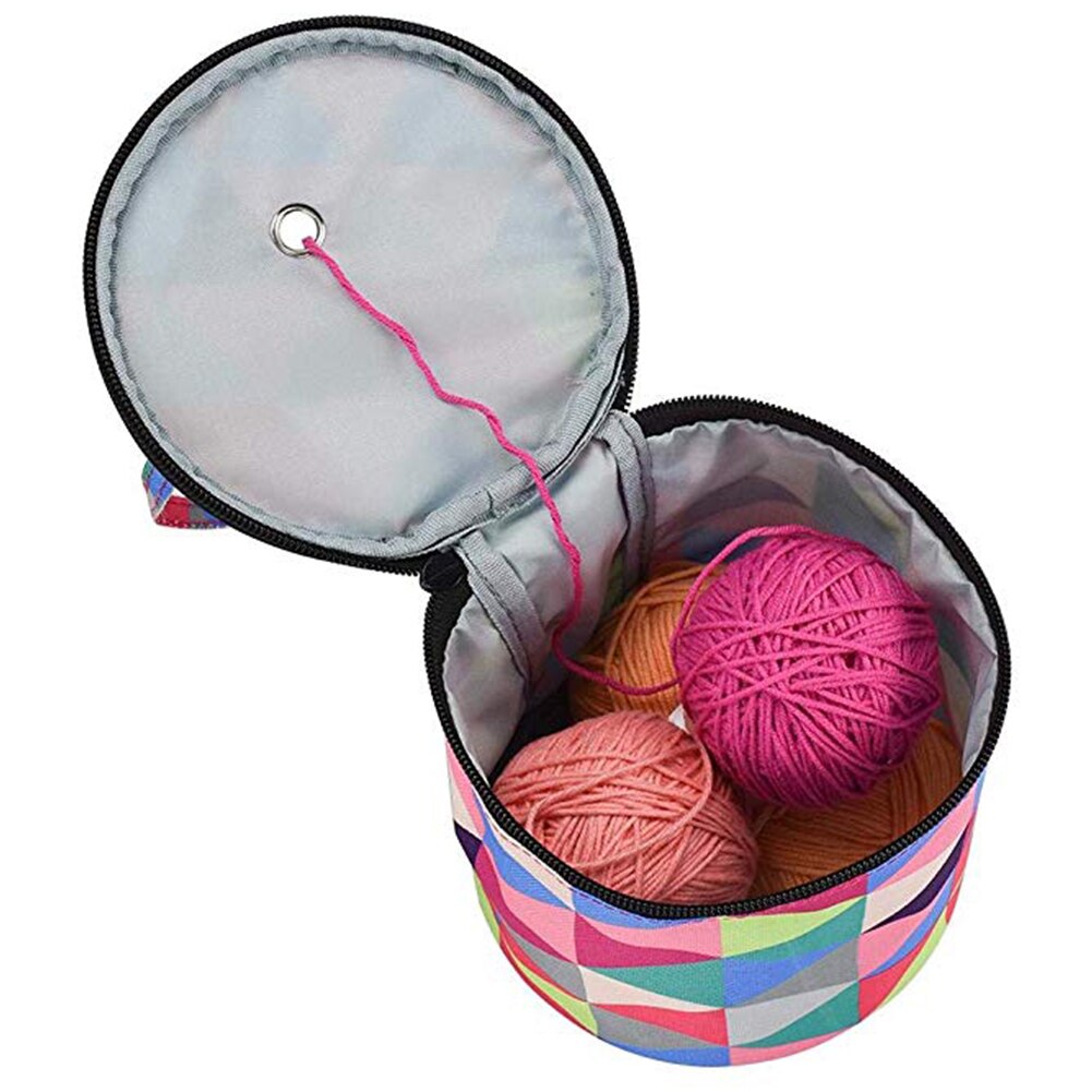 Crochet Tote Practical Zipper Closure DIY Craft With Handle Yarn Storage Weaving Knitting Bag Cylinder Portable Home Hanging