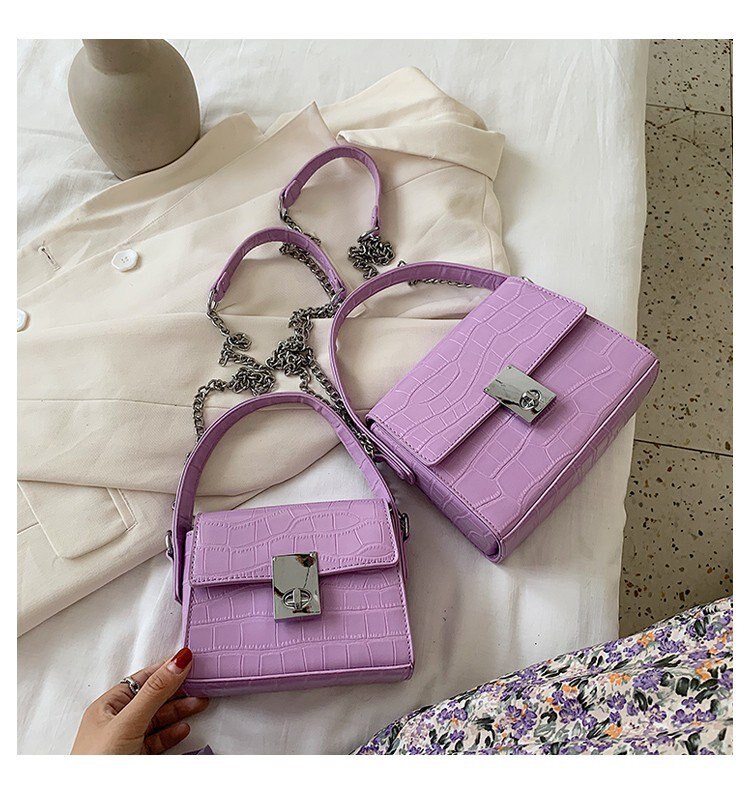 carré femmes sacs à bandoulière sacs à main de créateur chaînes de luxe alligator sac à bandoulière dame petit rabat sac à main femme sac: Purple / L