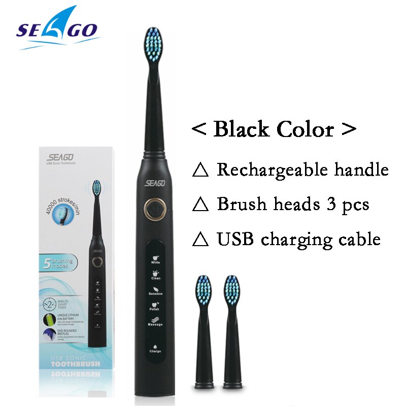 Seago Sonic Toothbrush Electric USB Rechargeable Waterproof Replacement Brush Head Best: Black