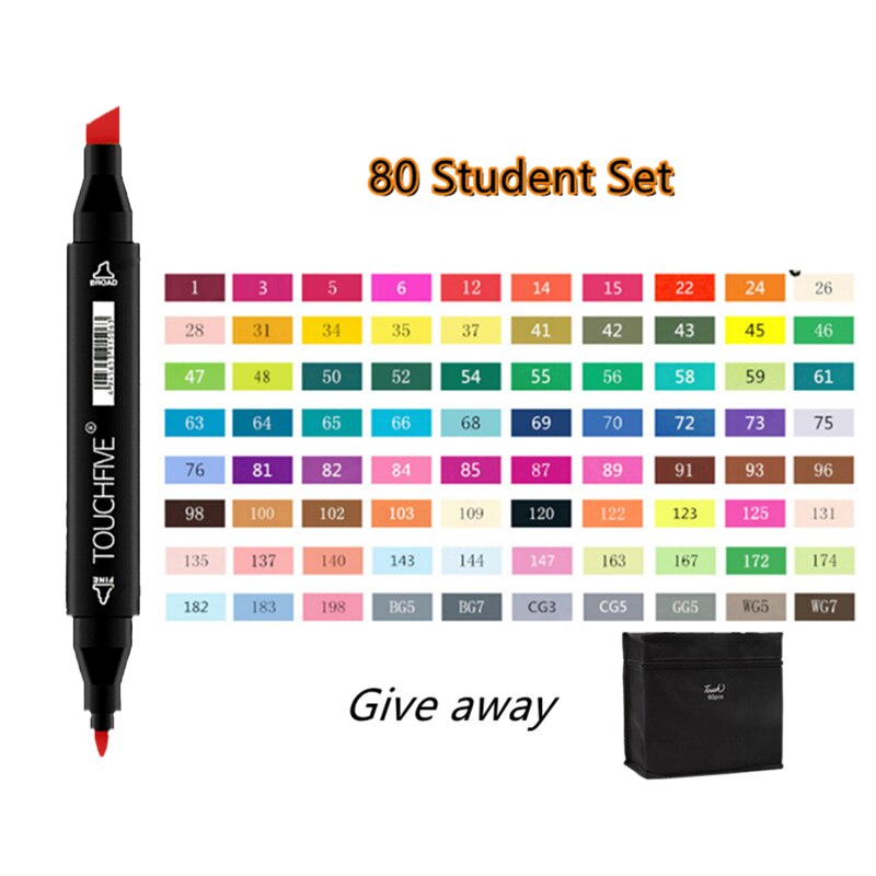 TOUCHFIVE-rotuladores de doble punta para dibujo, marcadores gráficos de Alcohol para bocetos, suministros de arte, 12, 36, 48, 80 y 168 colores: 80Colors student set