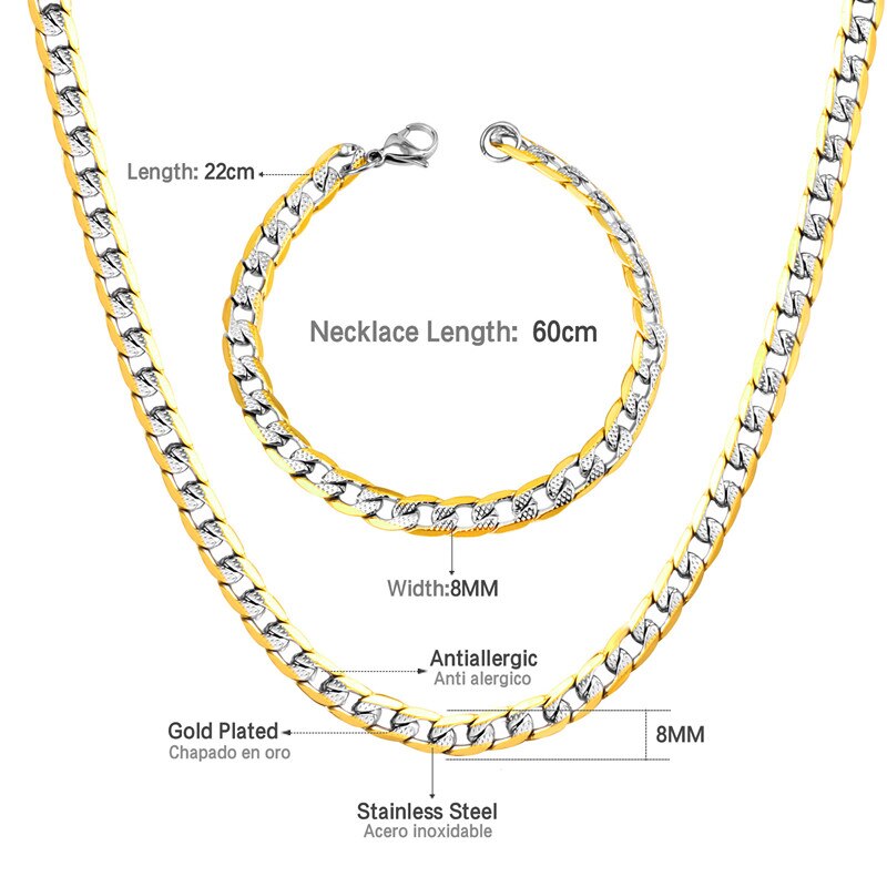 LUXUSTEEL Silver Color Chains Necklace Bracelets Width 6mm/8mm/10mm Length 50cm/55cm/60cm Stainless Steel Long Necklace Party: 8mm 60cm Mixed