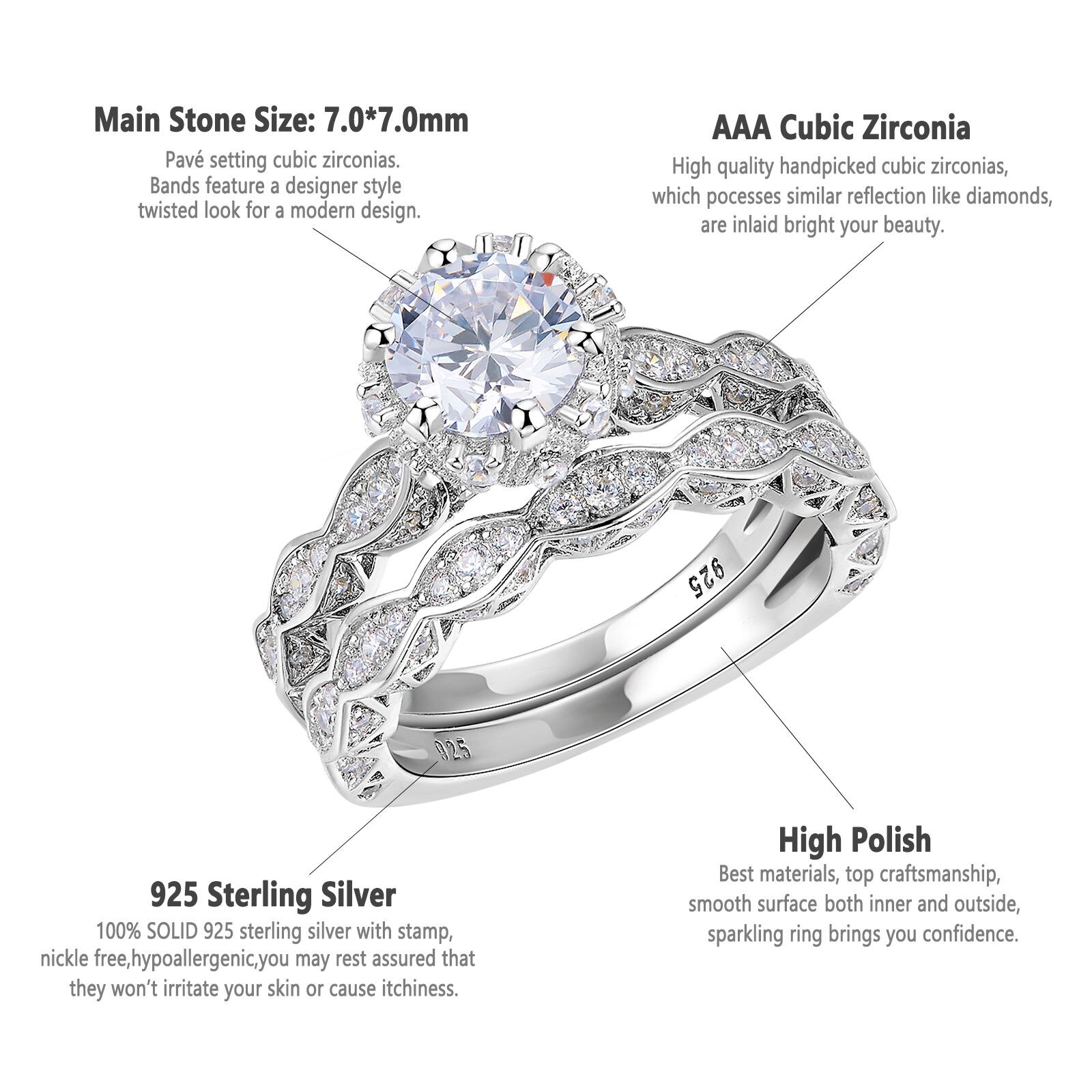 Newshe 2.6Ct White Round Cut AAA CZ Vintage Wedding Ring Set Genuine 925 Sterling Silver Engagement Rings For Women JR4891