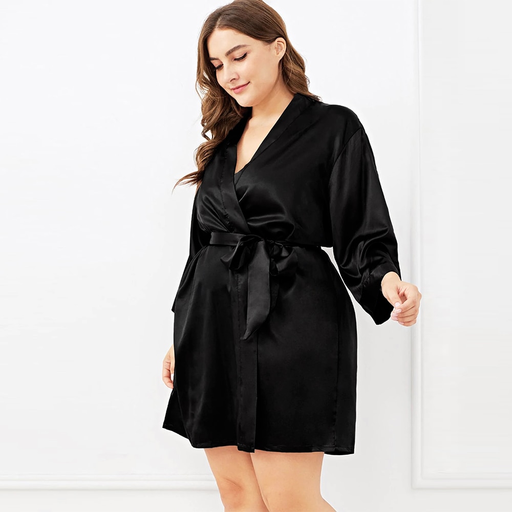 Plus Size Silk Women Sleep Wear Bathrobe Nightgown Black Long Sleeve Sash Female Sleepwear Bathgown Large Lady Home Night Dress