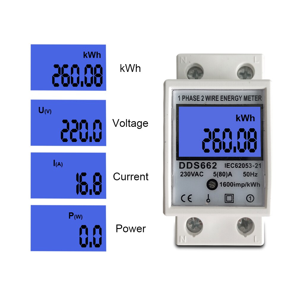 80A Din rail Single Phase Two Wire LCD Digital Display Power Consumption Energy Electric Meter kWh AC 220V 230V 50Hz/60Hz: Blue