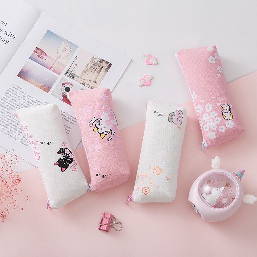 Kawaii Pink Cat Capacity Canvas Pencil Case Pen Box Girls School Stationery Bag For Girl Stationery Canvas Material Escolar