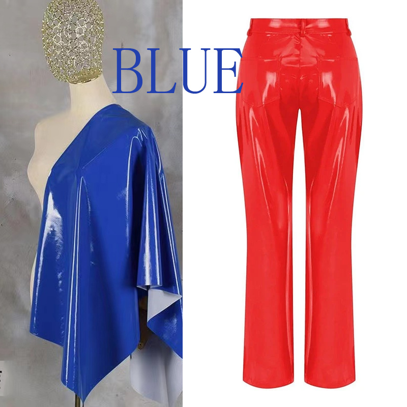 Skinnende røde patentskinn rette bukser dame høy midje pvc slanke bukser dame elegante gule pu bukser lomme tilpasset klubbklær: 4xl / Blå