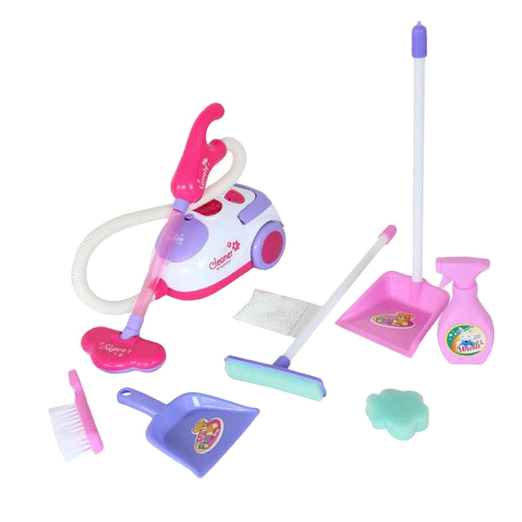 Pretend Play Housekeeping Cleaning Set Includes Electric Vacumn Cleaner Dustpan Duster Mop Sponge &amp; More (Set of 8)