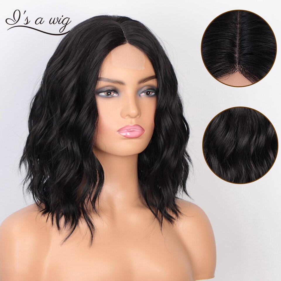 I's a perruque courte synthétique perruque noir eau vague partie moyenne cheveux pour noir blanc femmes naturel taille moyenne