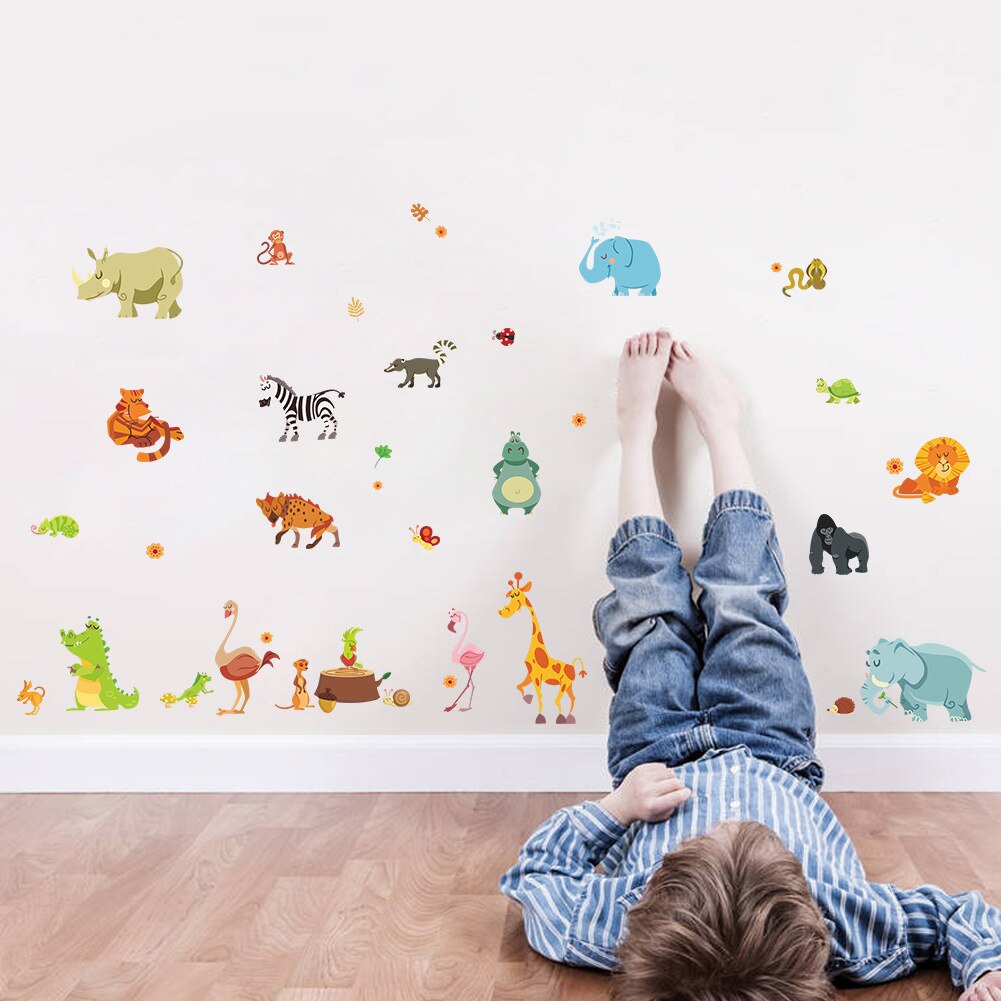 Funny Happy Zoo Cute Dinosaur Zebra Giraffe Snake Wall Stickers Kids Room Baby Home Decor Cartoon Animal Decals Diy Mural