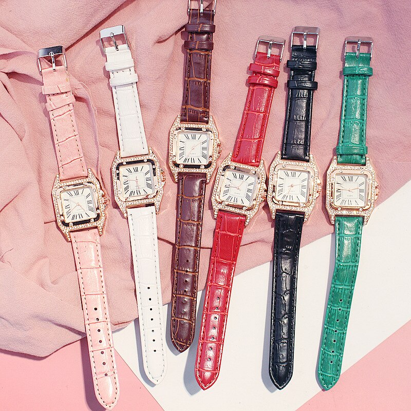 Vierkante Luxe Diamant Vrouwen Horloges Set Lederen Dames Horloge Waterdicht Vrouwelijke Quartz Horloge Relogio Feminino Reloj Mujer