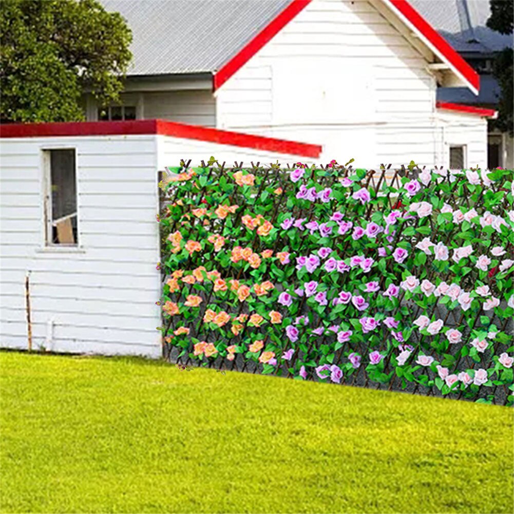 Expandable Faux Privacy Fence Wooden Hedge With Artificial Flowers Leaves Garden Decoration Retractable Fence