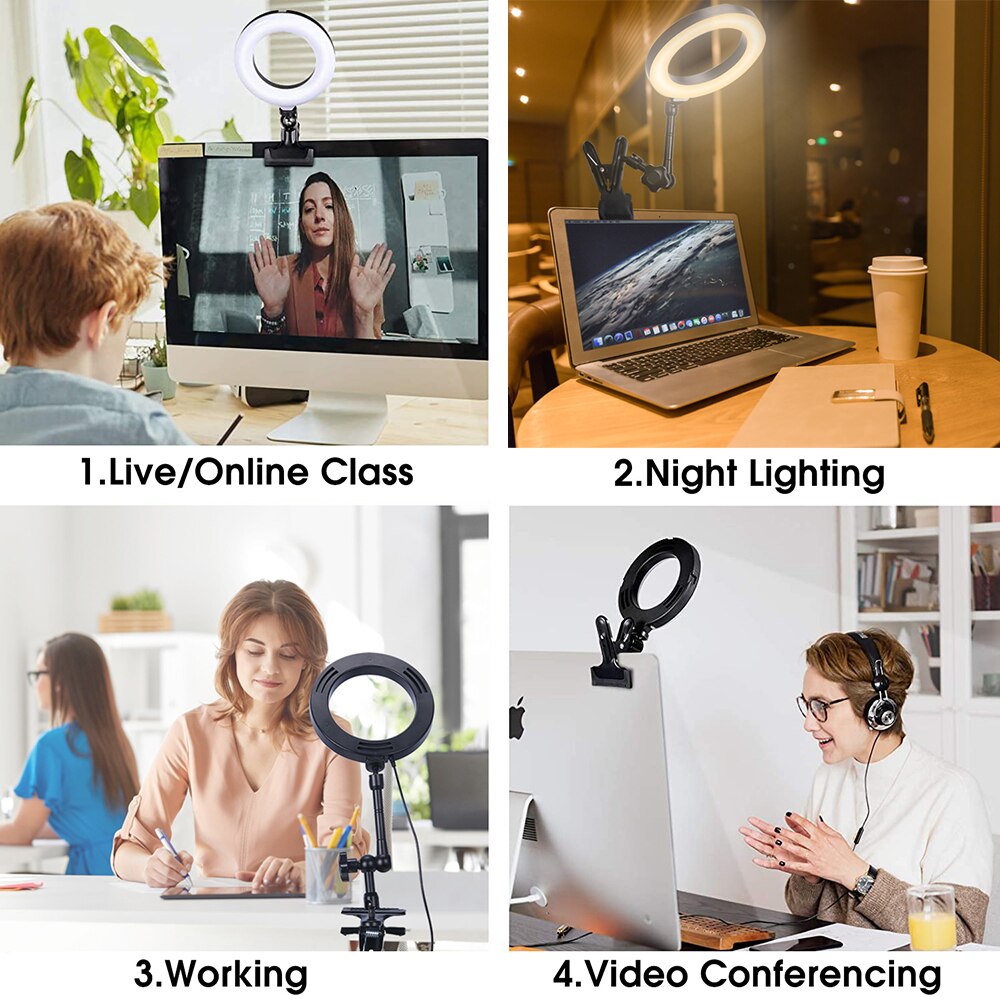 Ring Light per Computer portatile Desktop Zoom Meeting, Kit di illuminazione per videoconferenza con supporto per telefono treppiede Clip per Webcam