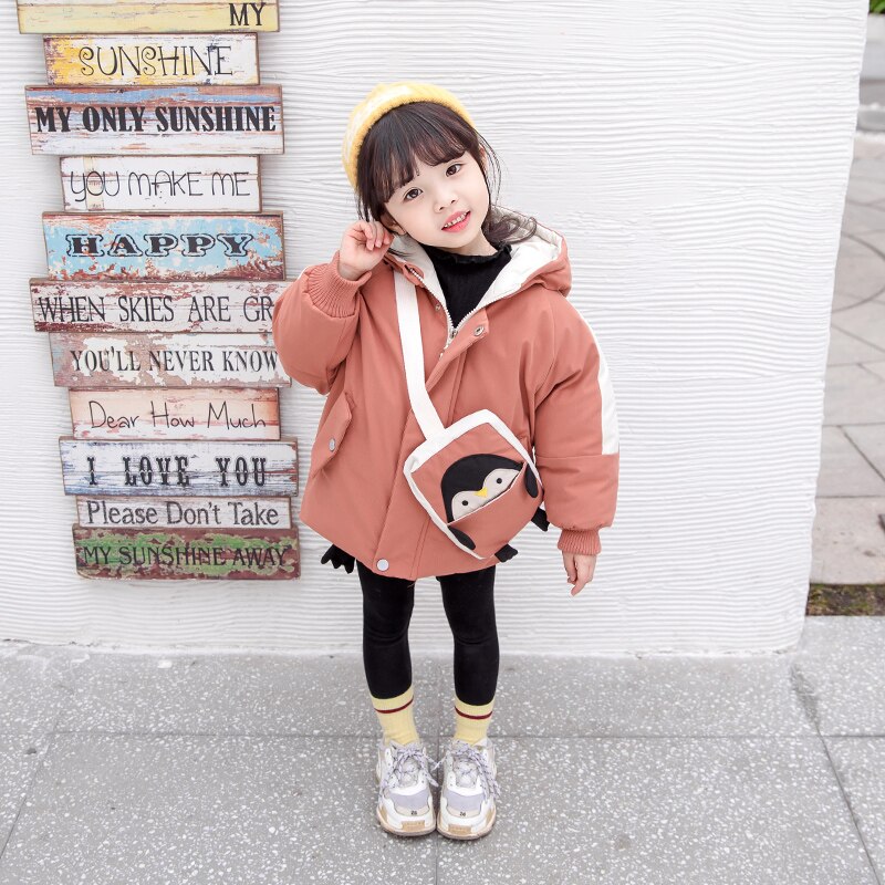 Winterjas voor babymeisjes, dikke, warme parka, 2-7 jaar oude pinguïnrugzak, katoenen jas, winterjas voor babymeisjes, winterkleding voor meisjes: Bruin / 110