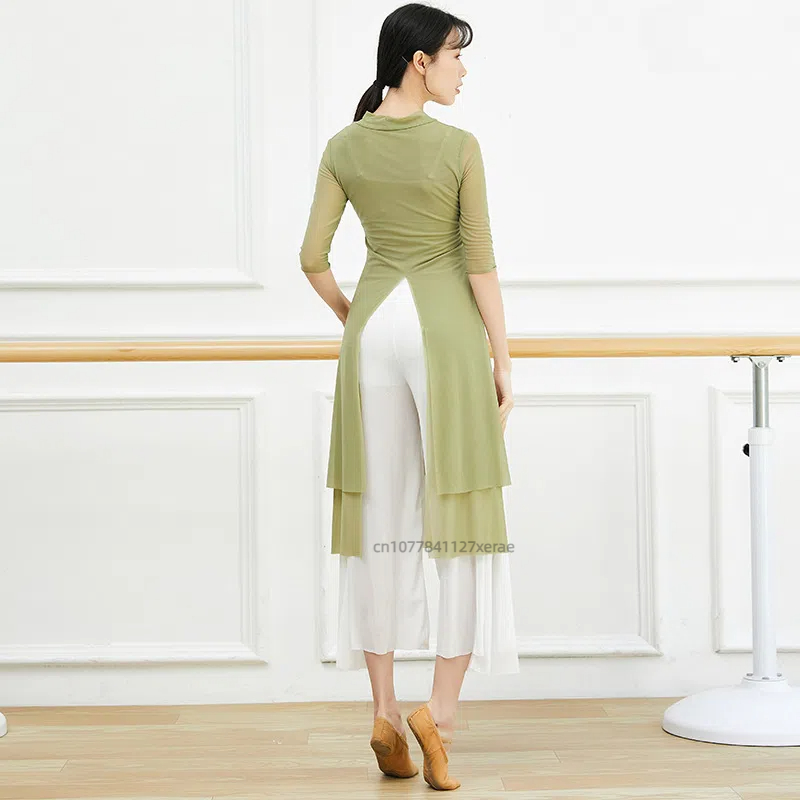 Chinese Style Modern Dance Practice Hanfu Medium Long Women's Classical Ethnic Double Layered Slit Gauze Clothes