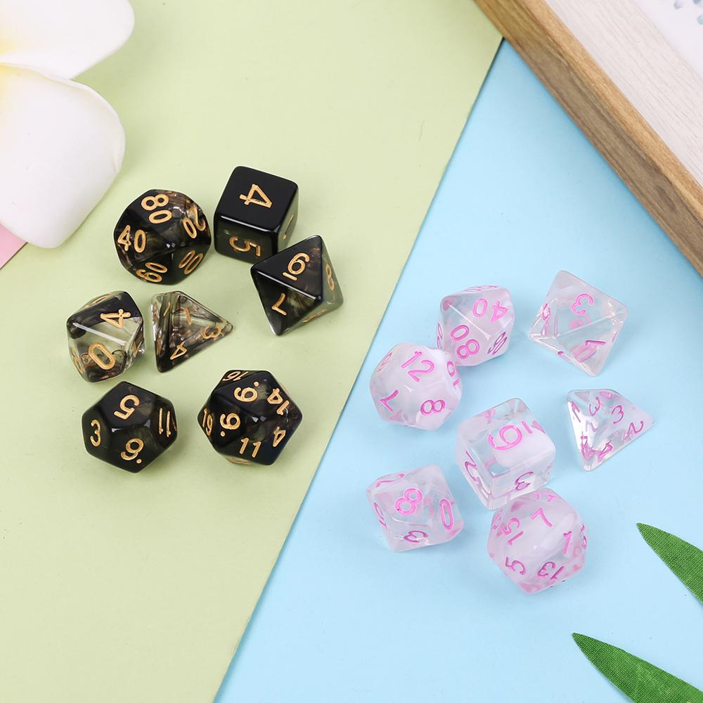 7 pièces/ensemble jeu de dés dés de Transparent Dices multi-côtés jeux de bureau fête jouer polyèdre noir/rose