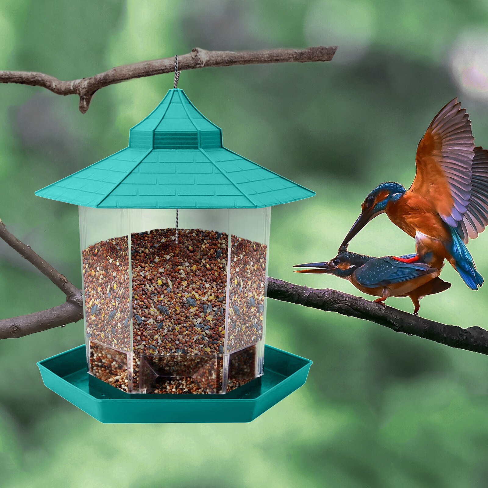 Hanging Bird Feeder Gazebo Wild Bird Feeders Hexagon Shaped with Roof for Garden Yard Outside Decoration