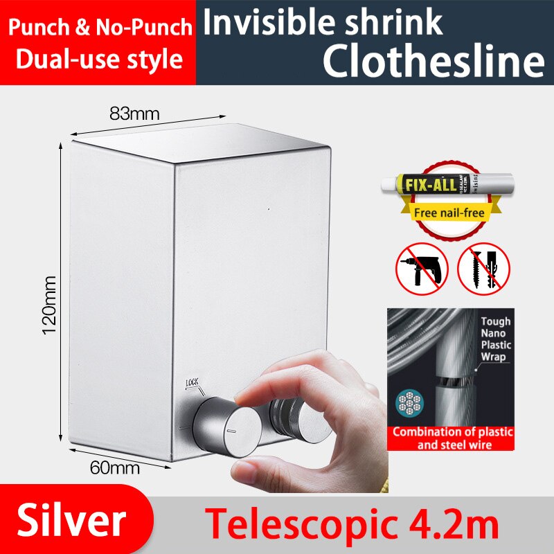 Outdoor 304 Stainless Steel Clothesline Folding Clothes Horse Extendable Laundry Hanger Retractable Drying Rack Clothes Rope: silver