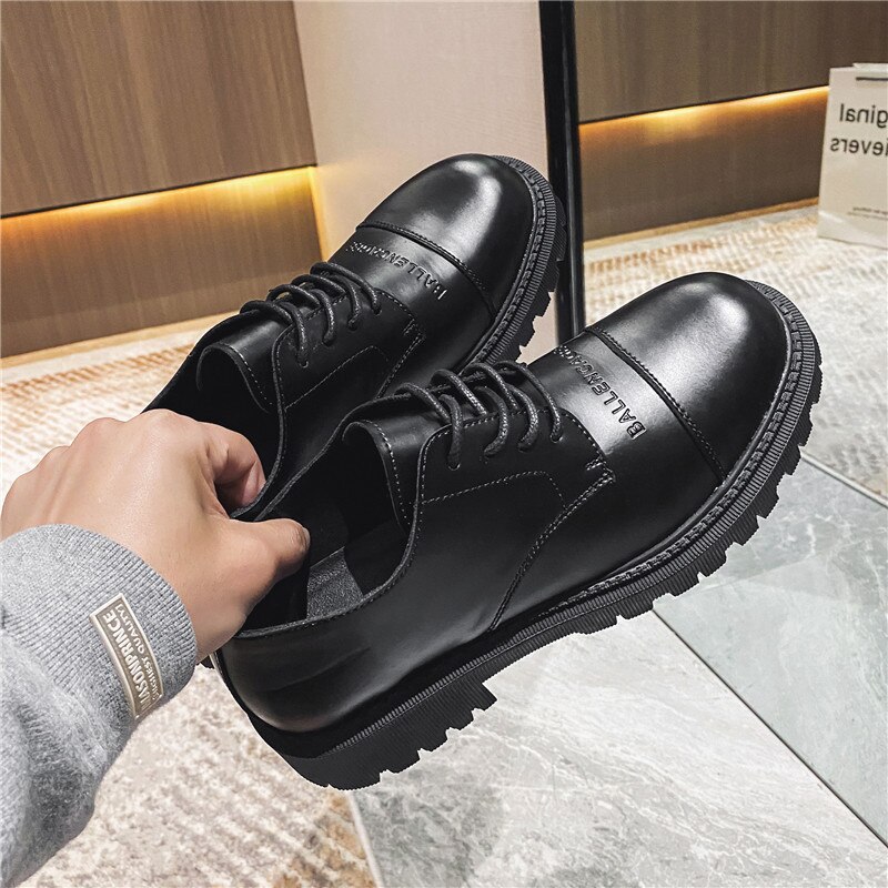 Men's Shoes Spring Leather Shoes Black Thick-soled Non-slip Casual Flat Casual Tooling Shoes