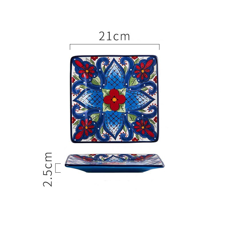 Bohemia Style Ceramic Dinner Plate Set Steak Salad Sushi Fish Plate Soup Rice Bowl Milk Coffee Mug Cup: 8inch square plate