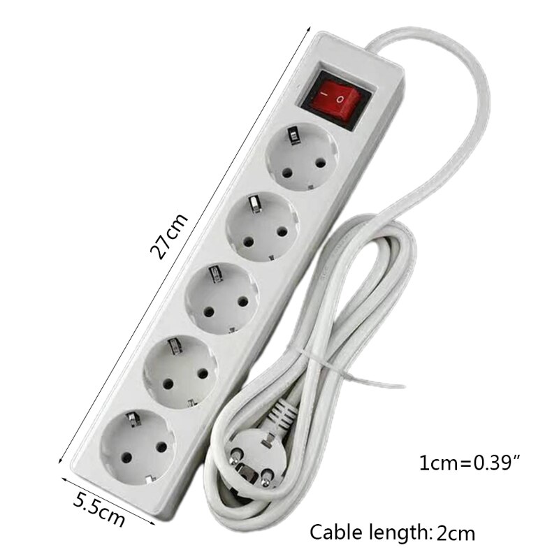 EU Standard German Type Power Strip 3/4/5 Sockets in Row Flat Adapter Light Switch with Surge Protector Extension Cable