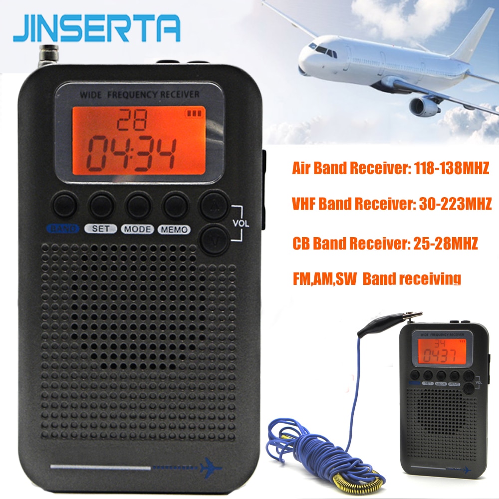 JINSERTA Aircraft Full Band Radio VHF Receiver Portable Radio FM/AM/SW/CB World Band Stereo Recorder with Alarm Clock LCD Screen