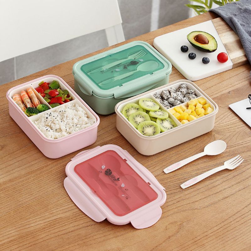 3 Grids Portable Rectangular Lunch Box with Tableware Durable Bento Case Container Storage Fat-reduced Breakfast School Office