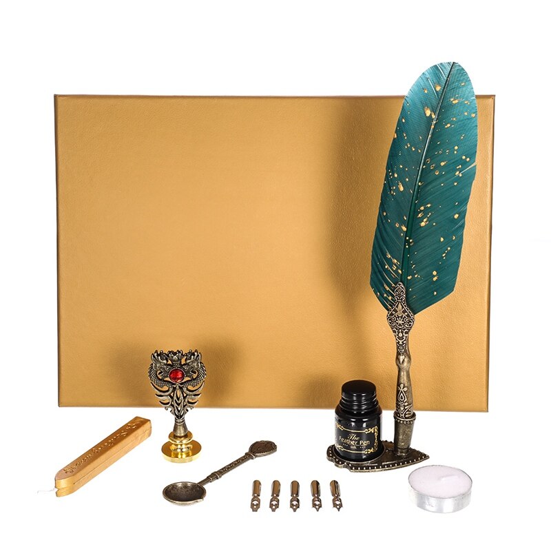 Luxe Vulpen Veer Pen Set Vintage Reclame Inkt Pen Dip Water Metalen Vulpen Set Doos 5 Penpunten