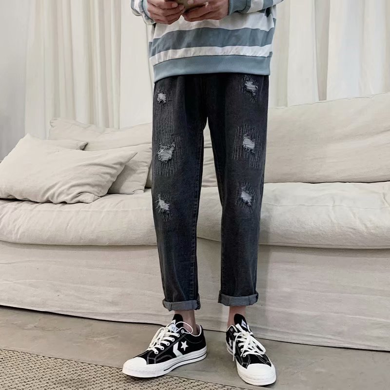 Hål jeans herr vår sommar höst tidvatten märke lösa vida ben pappa byxor herr trend vilda raka niopunkts byxor herr: Xxl