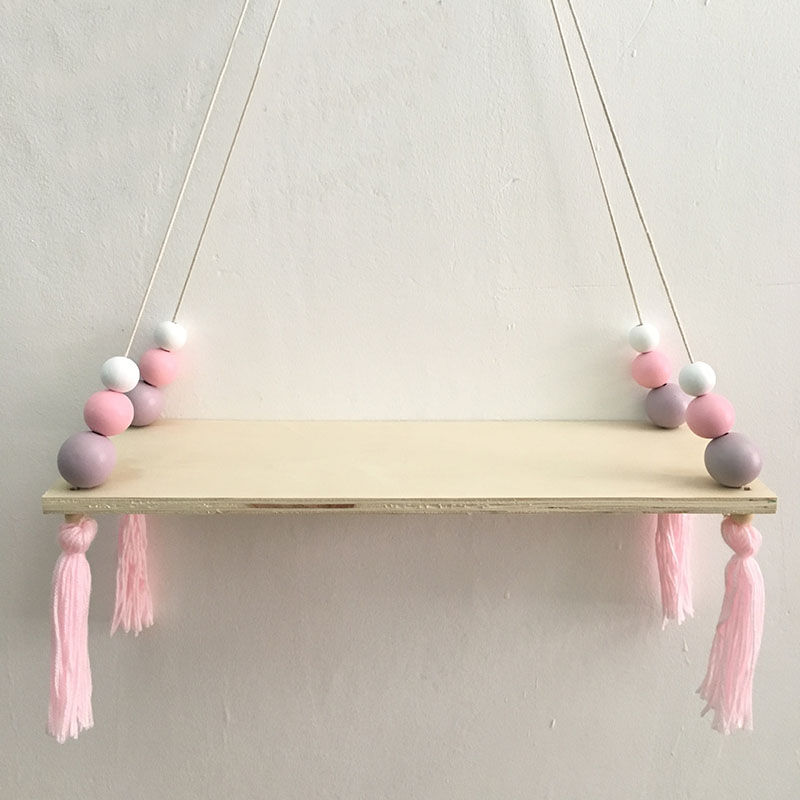 Scandinavische stijl houten kralen kwastjes opbergrek muur touw hangende plank voor decoratie van slaapkamer woonkamer display stand: B
