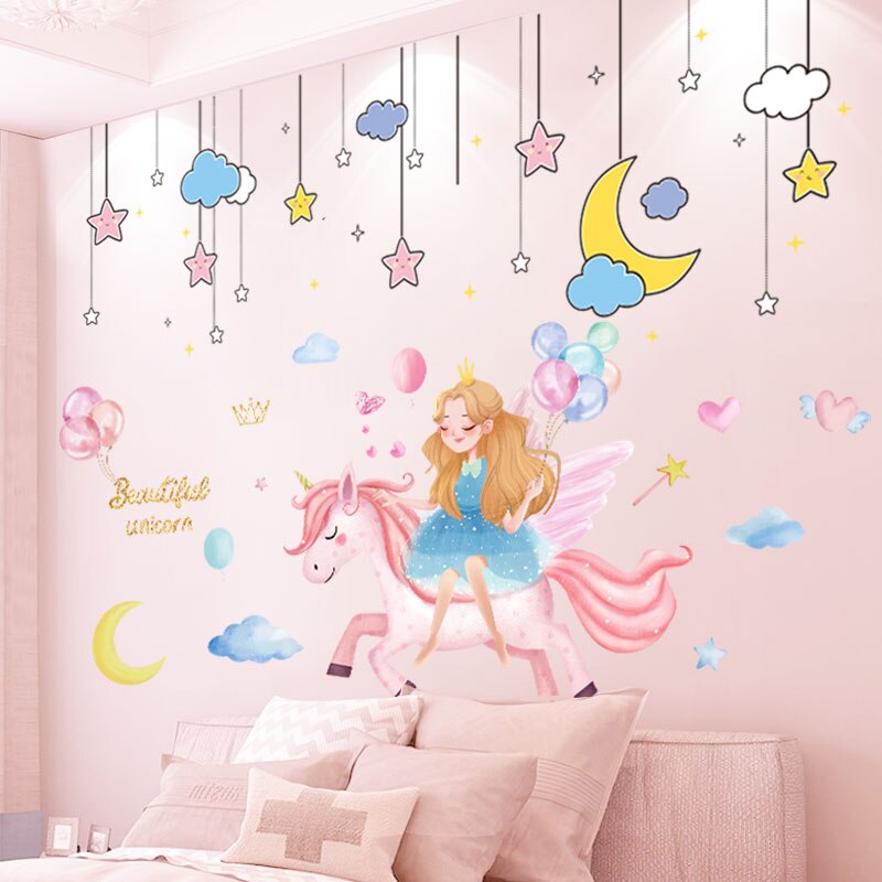 [shijuekongjian] cartoon meisje eenhoorn muurstickers diy sterren hangende muurstickers voor kinderkamer babykamer huisdecoratie: Meisje en sterren