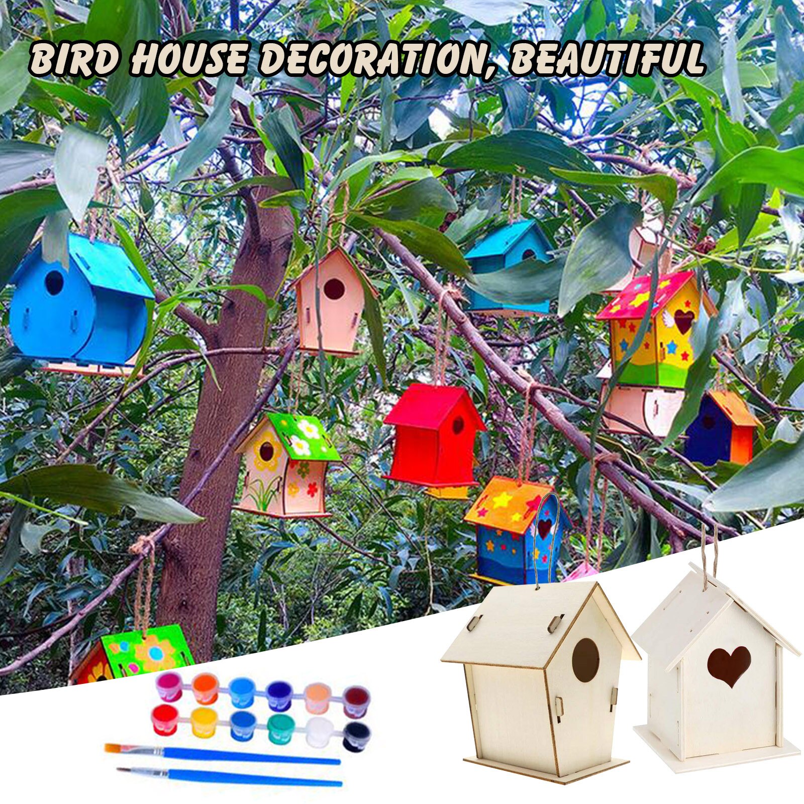 4# Wooden Home Decoration Diy Hand Painted Crafts Graffiti Bird House Set 30ml Wooden Home Decoration Diy Hand Painted Crafts