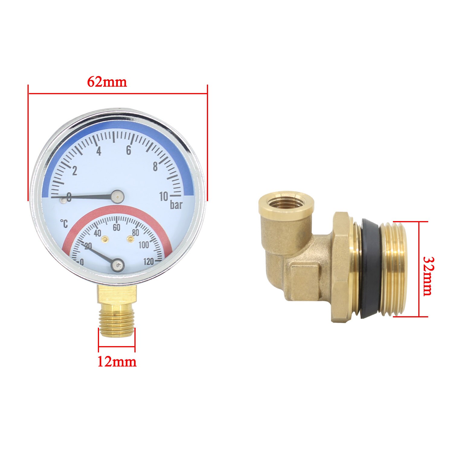 1/4" Temperature Pressure Gauge Thermometer Monitor Dual Display Floor Heating Meter Male Thread