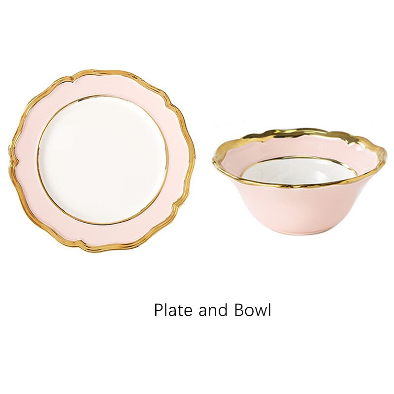 Ceramic Dinner Plate Luxury Gold Inlay Charger Plate Flower Shape Plate Dishes and Bowl Dinnerware Set for Wedding Party Banquet