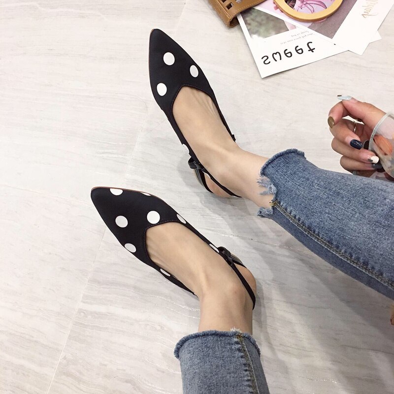pointy toe cloth polka dot sandals brand shallow buckle slingback low heel women sandales trendy fairy dress shoes femme