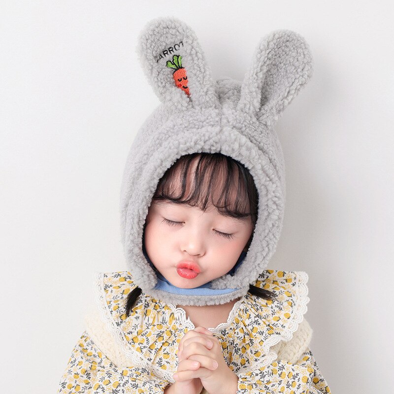 Cappello da ragazza cartone animato orecchie di coniglio capelli di agnello 3-10 anni cuffia per bambini protezione del viso cappello antivento: Grigio